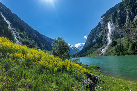 Summer alpine landscape with mountain lake. Stillup, Stillup Lake, Austria, Tirolの写真素材