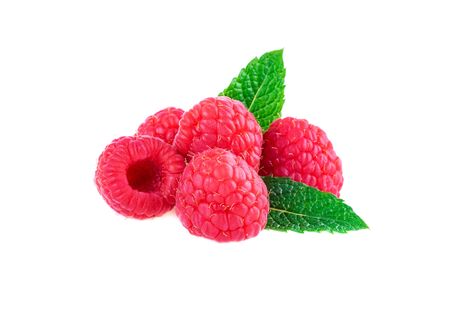 Raspberries isolated on white background. Fresh raspberries with mint leaf in close-up.の写真素材