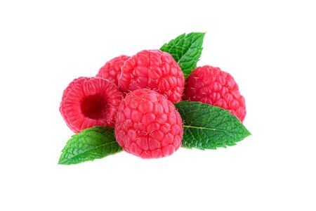 Heap of raspberries with fresh mint leaf isolated on white backgroundの写真素材