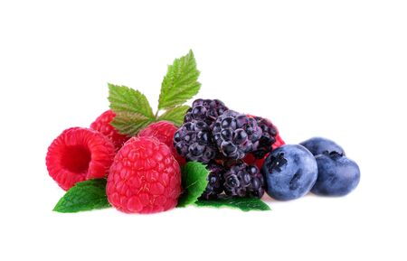 Mix berry raspberries blueberries blackberries with mint leaf isolated on white backgroundの写真素材