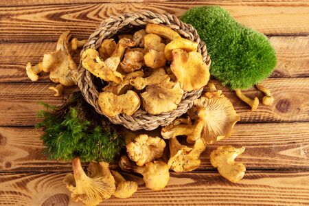 Mushrooms chanterelles on wooden background. Rustic design.の写真素材
