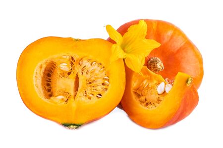 Hokkaido pumpkins red orange vegetables with yellow flower on whiteの写真素材
