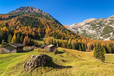 Autumn mountains rural scene. Hiking in Austrian Alps, Tyrol, Austria.の写真素材