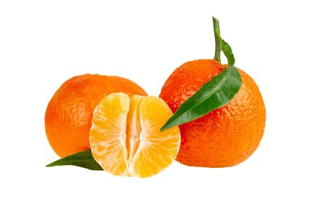 close up tangerine mandarin fruits isolated on whiteの写真素材