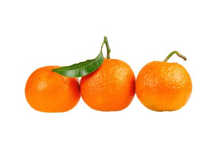 three tangerine mandarin orange fruit isolated on whiteの写真素材