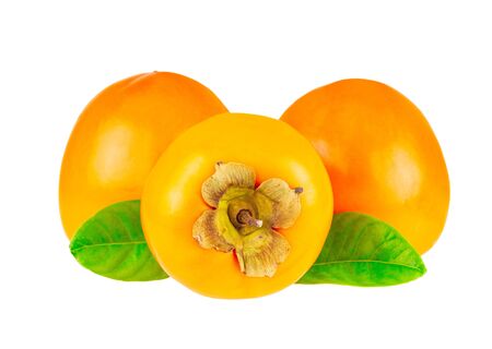Close-up of Persimmons fruit with leaf isolated on whiteの写真素材