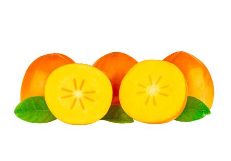 Persimmon Fruit Whole Halved Fruits Isolated On White Background. Persimmon Fruits Retouched Image.の写真素材