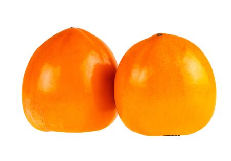 Two Persimmon Whole Fruit Closeup Isolated On White. Persimmon Retouched Image.の写真素材