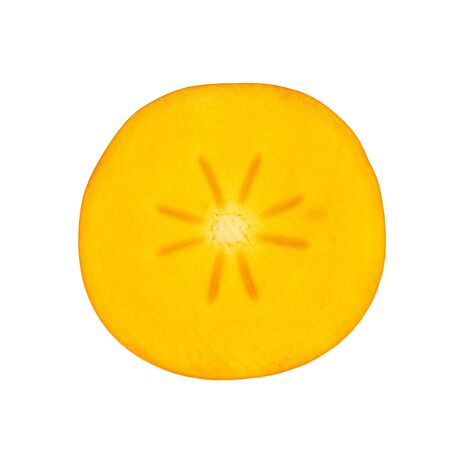 Slice Of Persimmon Fruit Closeup Isolated On White. Round Section Of Sweet Persimmon.の写真素材