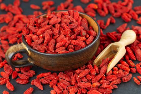 Dried goji berries in close-up, selective focusの写真素材