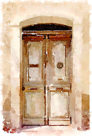 Digital watercolor painting of a classic old wooden double door in the Pyrenees in Spain.の写真素材