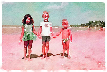 Digital watercolor painting of 3 children holding hands on the beach.の写真素材