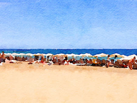 Digital watercolor painting of a beach in Barcelona in Spain. Parasols on the beach and the sea with the horizon. Space for text.の写真素材