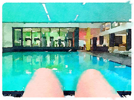Digital watercolour painting of legs by a pool with a gym in the background.
