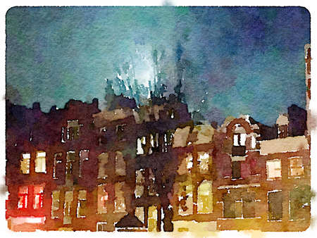 Digital watercolor painting of a row of terraced spooky Dutch houses with a tree and moonlight against the night sky.の写真素材