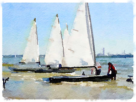 Digital watercolor painting of small white sailing boats in shallow water with people in the water getting them ready to sailの写真素材