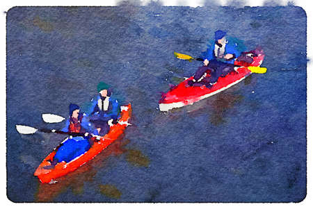 Digital watercolor painting of two canoes, one with a man and a woman and one with one man rowing on a lake. With space for text.の写真素材