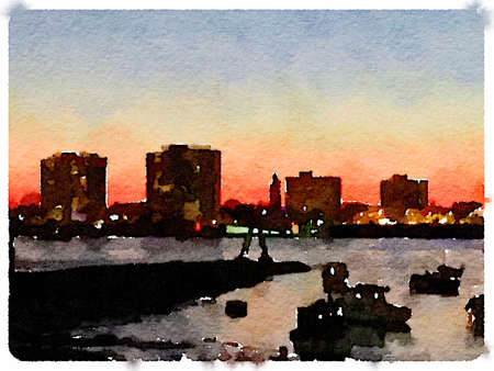 Digital watercolor painting of a skyline at night as the sun is setting with boats anchored in the river. Space for text.の写真素材