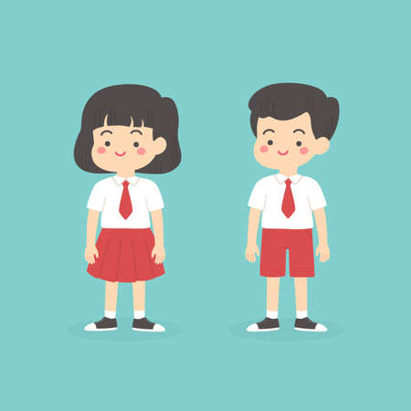 Cute Indonesian Elementary School Boy Girl Wearing Red and White Uniform Cartoon Vector Illustrationのイラスト素材