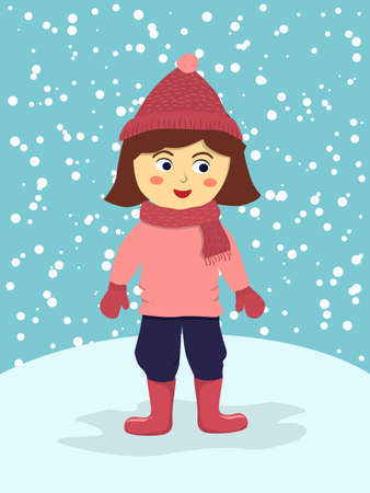 cute girl wear pink winter suit standing in winter snowy days vector illustrationのイラスト素材