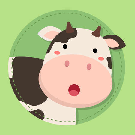 Cute Cow Moo Face Cartoon on Green Circle Background  vector illustrationのイラスト素材