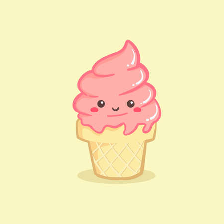 Cute Strawberry Pink Ice Cream Cone Vector Illustration Cartoonのイラスト素材