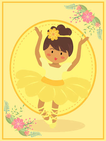 Cute Ballerina girl with yellow dress tutu dancing ballet on pink theme flower background vector illustration.のイラスト素材