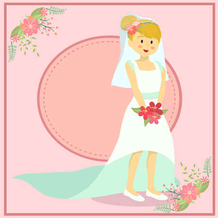 Bride woman with white-blue long tail wedding dress in pink theme background.のイラスト素材
