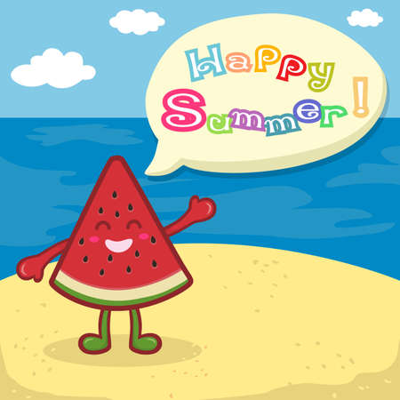 Cute Watermelon Fruit Slice Mascot Saying Happy Summer Greeting Card at the Beach Backgroundのイラスト素材