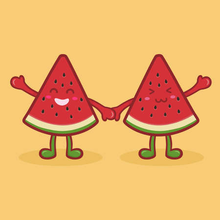 Cute Watermelon Fruit Slice Mascot Orange Holding Hands cartoon vector illustrationのイラスト素材