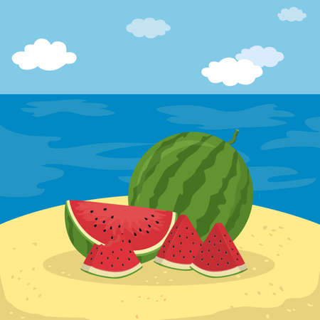 Watermelon Fruit Slice on the Summer Beach Background Vector Illustrationのイラスト素材