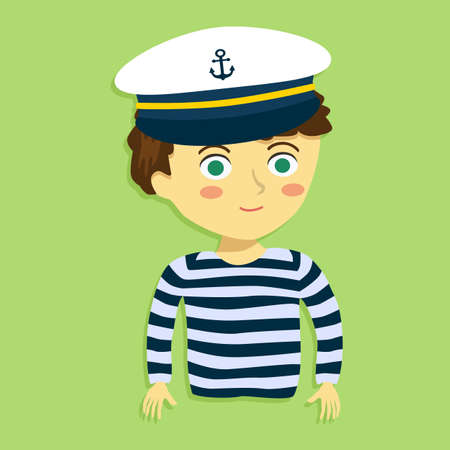 Boy with Sailor Shirt and Marine Captain Cap on Green Background Cartoon Vector Illustrationのイラスト素材