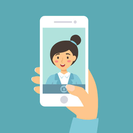 woman take a selfie picture of her self with smart phone on blue background vector illustration