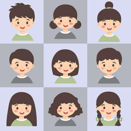 Cute kids face avatar cartoon character with different hair style vector illustration setのイラスト素材