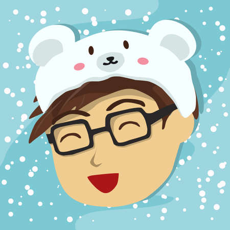 Face of a man with polar bear hat on blue and snow background vector illustration.のイラスト素材
