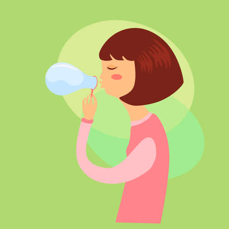 Woman playing soap bubbles. Cute Girl blowing Soap bubble isolated on green background.のイラスト素材