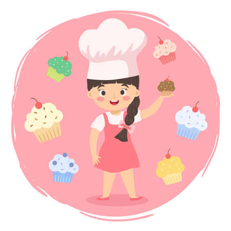 Vector illustration of a girl using chef hat surrounded by colorful cupcakes isolated on pink background.のイラスト素材
