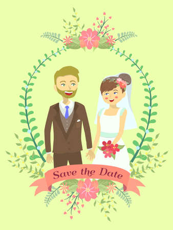 Wedding invitation with bride and groom holding their hand on flower theme and yellow background.のイラスト素材