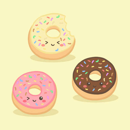 Cute Donuts Doughnut Food Vanilla Chocolate Strawberry Topping Vector Illustration Cartoonのイラスト素材