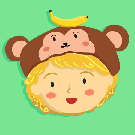 Curly Girl Wear Monkey Hat Vector Cartoonのイラスト素材