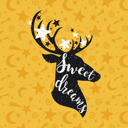 Sweet dreams yellow concept with a deer and stars. Hand drawn lettering quote vector illustration. For card design, sticker, posters, prints Apparel, t-shirt, bagのイラスト素材