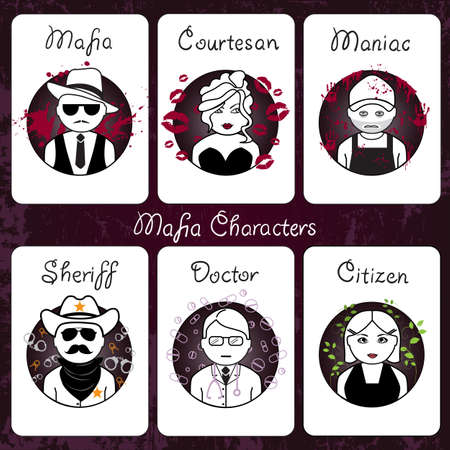 Mafia characters card set illustration on dark background.のイラスト素材