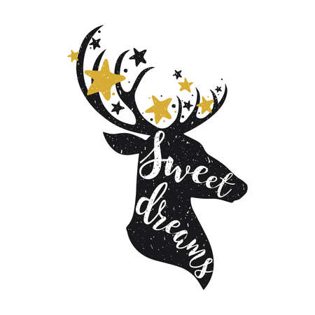 Sweet dreams Ñoncept with a deer and stars. Hand drawn lettering quote illustrationのイラスト素材