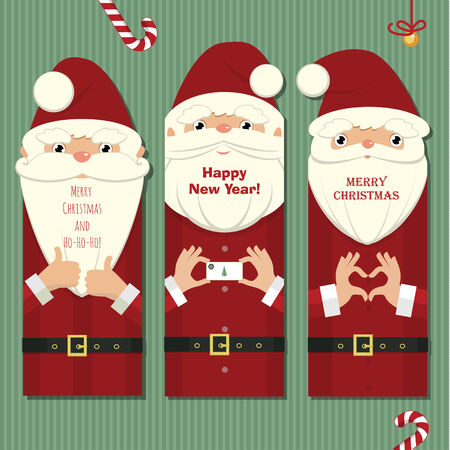 Stylized christmas illustration with three cards in the form of Santa Claus close up detailsのイラスト素材