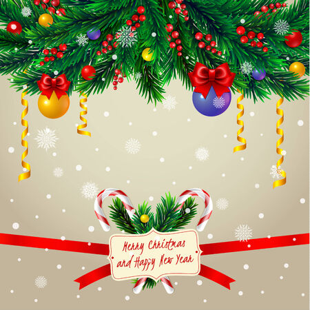 Christmas card with frame. Christmas tree branches, candies, bow, decoration and snowflakesのイラスト素材