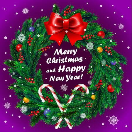 Christmas card with Christmas wreath with red ribbon and decoration on purple backgroundのイラスト素材