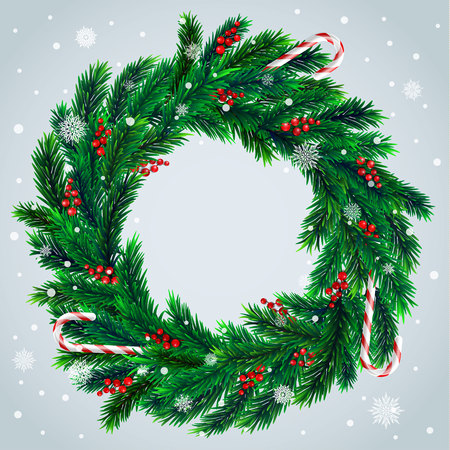 Realistic vector christmas wreath with red berries and candies on evergreen branchesのイラスト素材