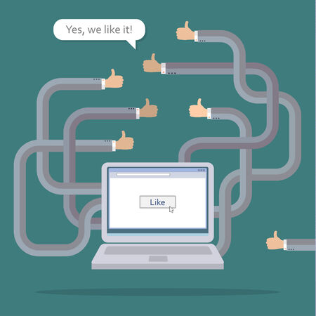 Several hands from the laptop show Like. Concept of teamwork in networkのイラスト素材