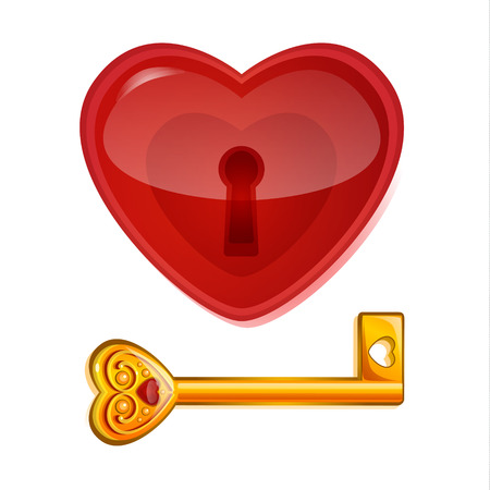 Red lock in the shape of heart with golden key. Concept of loveのイラスト素材