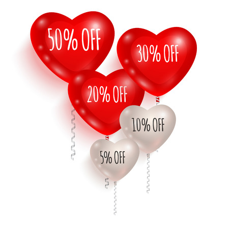 Red and white balloons made in shape of hearts. Sales and discounts conceptのイラスト素材